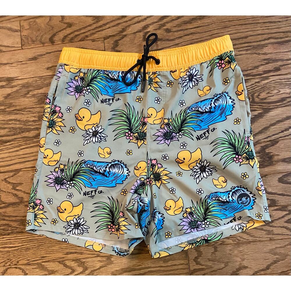 Mens Large NEFF Floral Duck Print Swim Trunks EUC